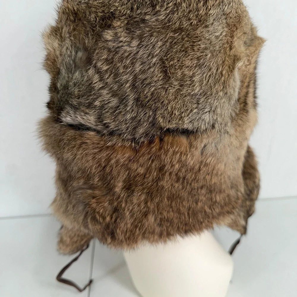 Vintage Trapper Hat Ushanka Real Rabbit Fur Ear Flaps Brown Gorpcore Aviator Hat
